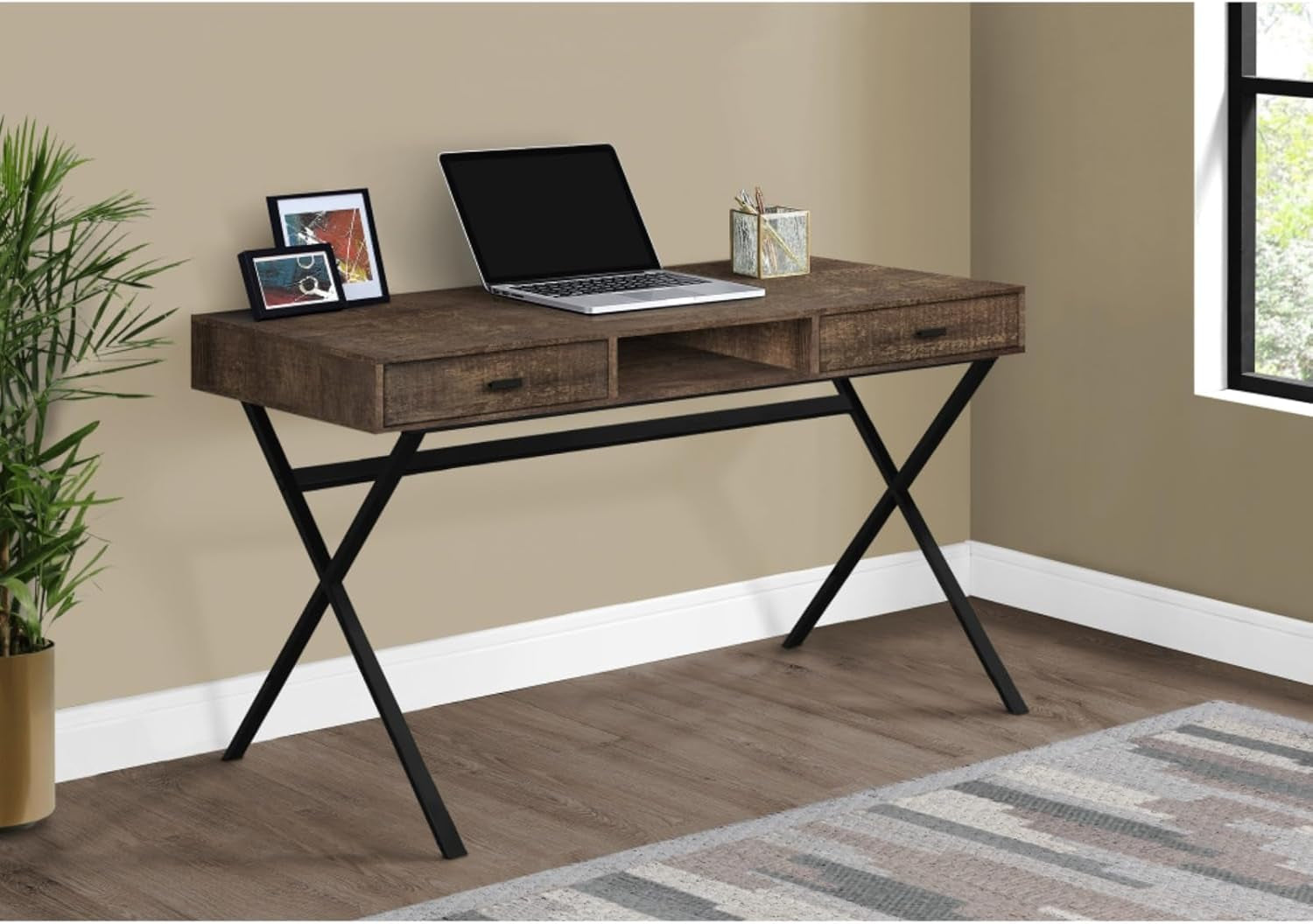 Multi-Use Rustic Computer Desk with X-Design Metal Base, Small Study Workstation with 2 Large Storage Drawers and 1 Open Concept Shelf, Easy Maintainable