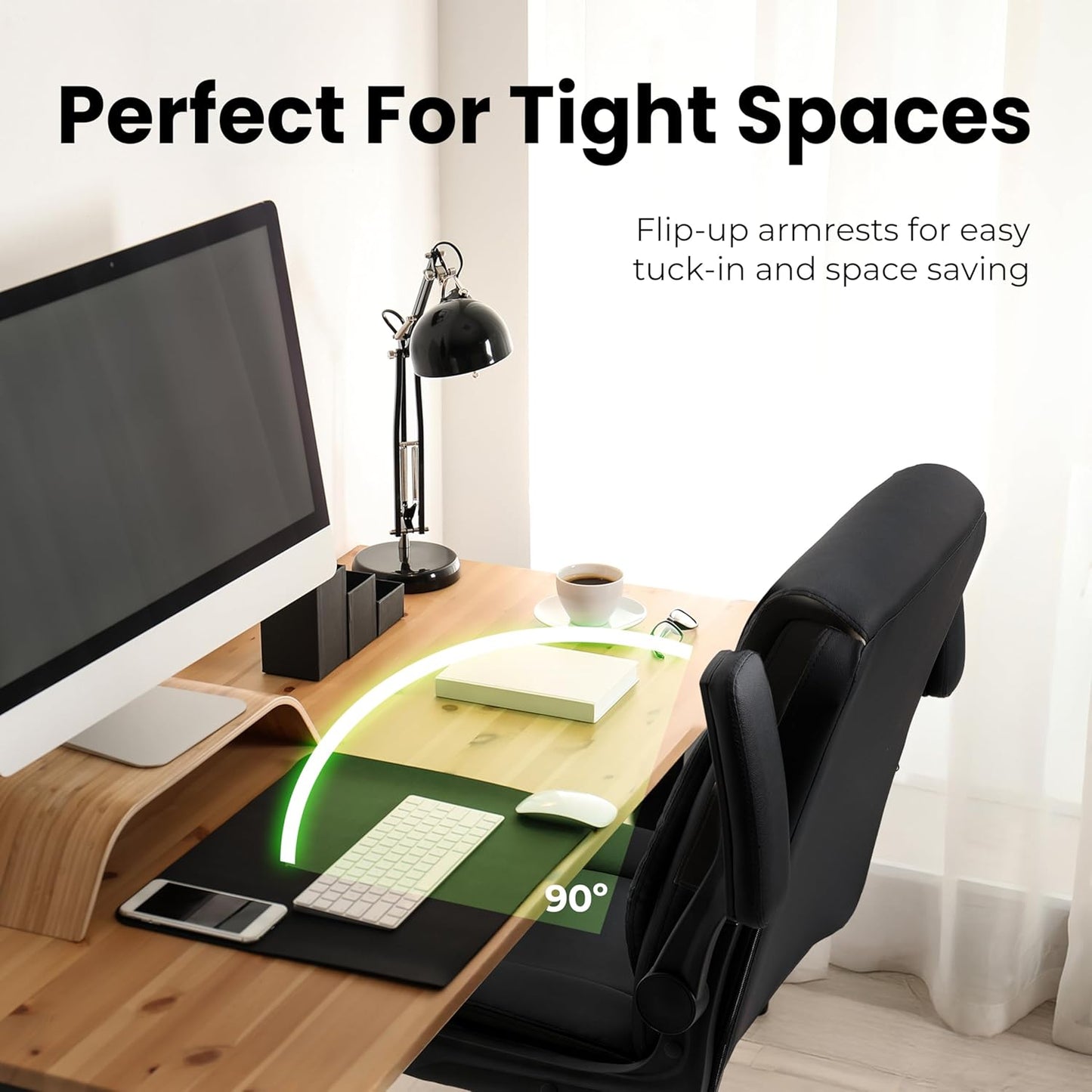 Office Desk Computer Chair Ergonomic Executive Mid-Back Leather Gaming Chair with Adjustable Flip-Up Armrests Wheels Swivel for Home Study Task (Jet Black)