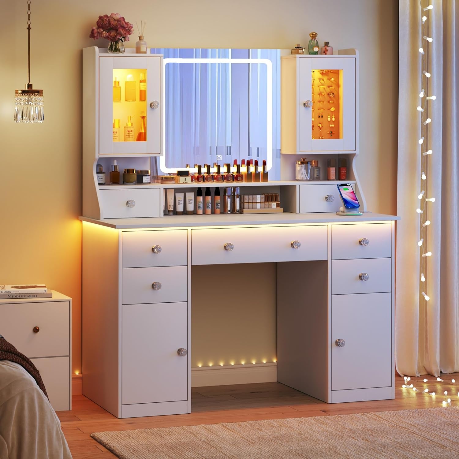 Vanity Desk with Mirror & Lights, 42‘’ Large Makeup Vanity with 2 RGB Jewelry Cabinets & 7 Drawers, White Vanity Table Set with Charging Station, Dressing Table with Lights Desk, 3 Light Modes