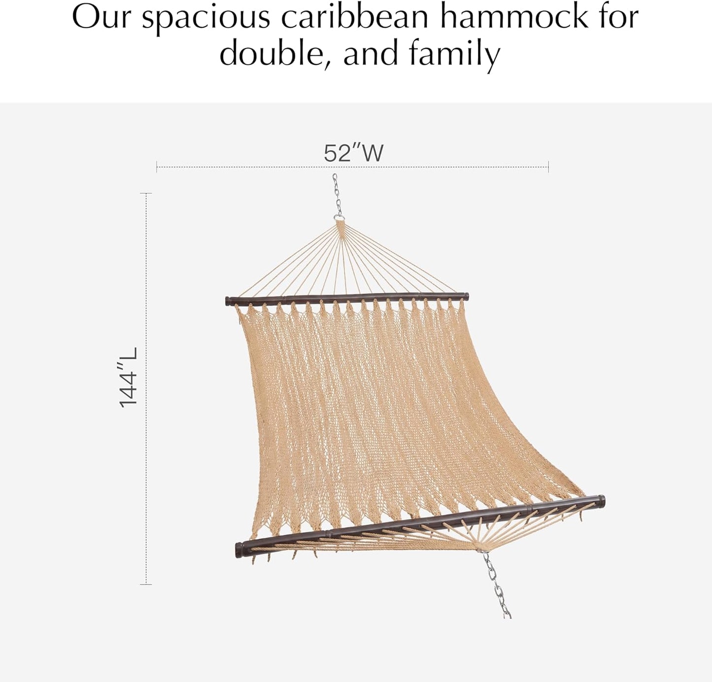 2 Person Caribbean Rope Hammocks for Outside, 12Ft Handwoven Polyester Double Hammock with Spreader Bar for Outdoor Indoor, Max 600 Lbs Capacity (Tan)
