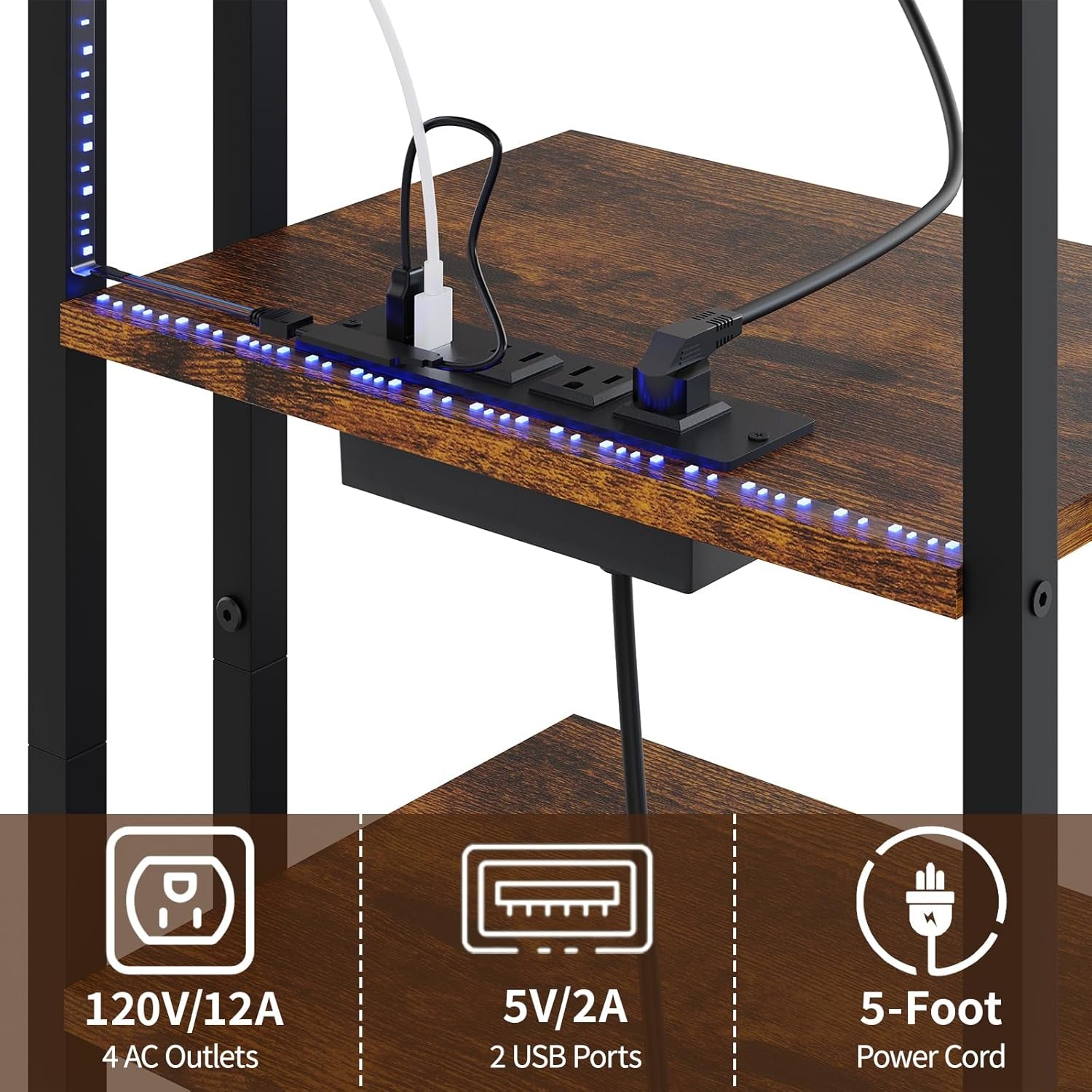 16.5" Small 4-Tier AV Media Stand with Power Strips,Narrow Version Wooden Corner TV Stand Shelf with LED Lights,Stereo Cabinet Audio Rack Stand Tower for Small Media Players and Boxes