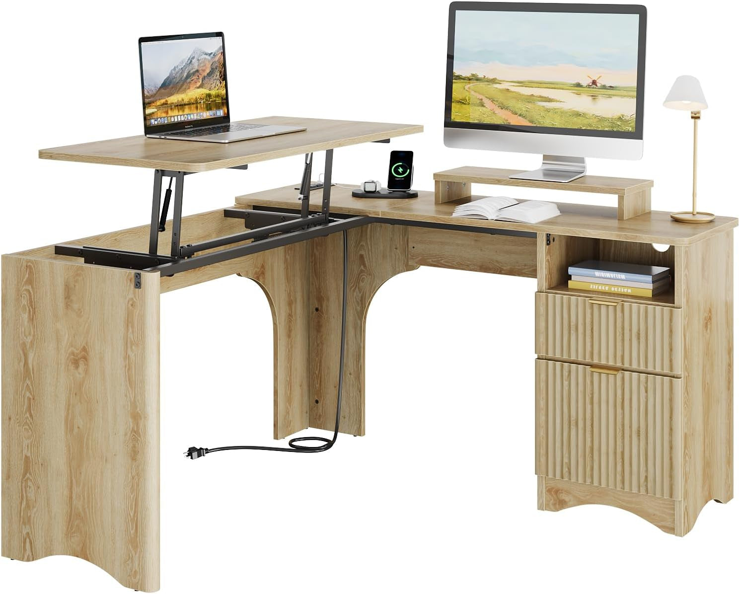 L Shaped Desk with Lift Desktop, 55 Inch Corner Desk with Fluted Panel Deisgn Drawers, Modern Office Desk with File Drawer (Natual Oak, 55'' X 55'' Lift Top)