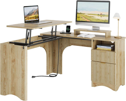 L Shaped Desk with Lift Desktop, 55 Inch Corner Desk with Fluted Panel Deisgn Drawers, Modern Office Desk with File Drawer (Natual Oak, 55'' X 55'' Lift Top)