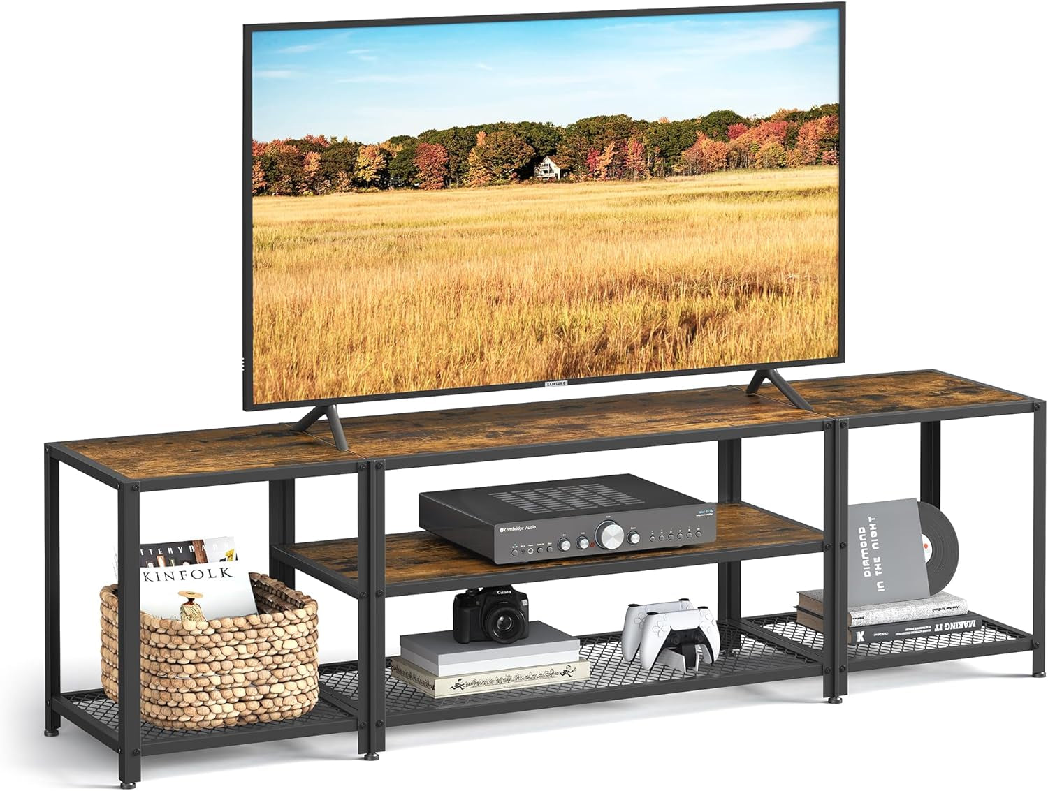 Modern TV Stand for Tvs up to 75 Inches, 3-Tier Entertainment Center, Industrial TV Console Table with Open Storage Shelves, for Living Room, Bedroom, Rustic Brown and Black ULTV098B01