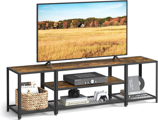 Modern TV Stand for Tvs up to 75 Inches, 3-Tier Entertainment Center, Industrial TV Console Table with Open Storage Shelves, for Living Room, Bedroom, Rustic Brown and Black ULTV098B01