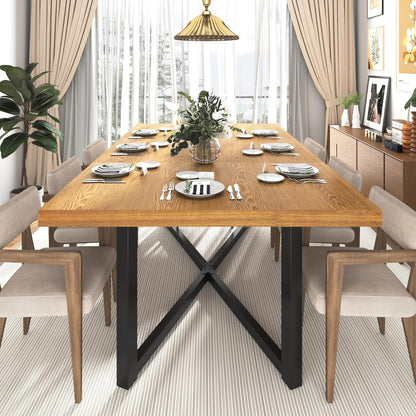 71" Farmhouse Solid Wood Dining Table for 4 6 8 People, Rustic Large Wooden Kitchen Table Rectangular Hardwood Top with Steel Leg X-Base, Home Office Kitchen Furniture, Oak
