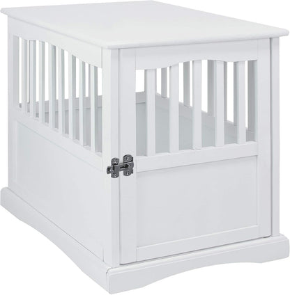 Wooden Decorative Indoor Kennel Dog Crate End Table Night Stand Furniture with Lockable Gate for Medium Pets up to 25 Pounds, White