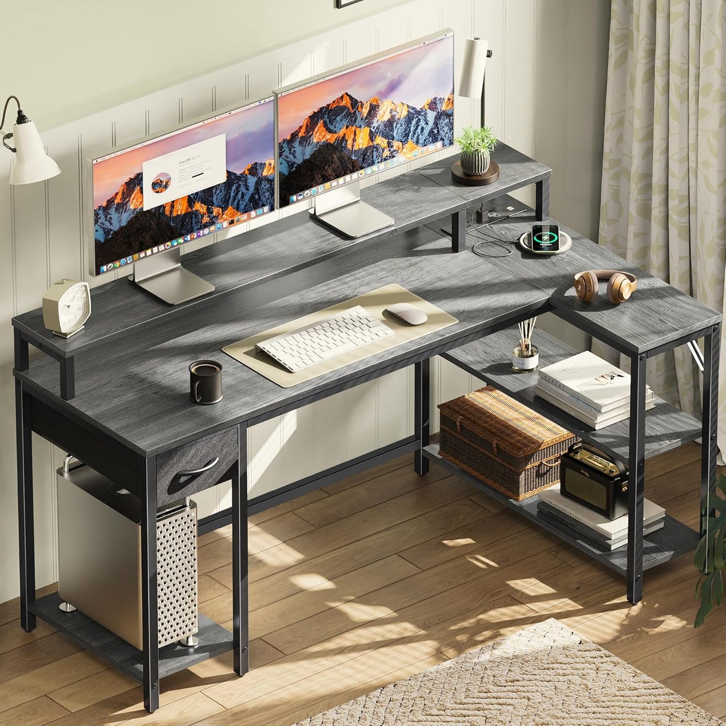 53 Inch Reversible L Shaped Desk with LED Lights & Power Outlets, Computer Desk with Shelves & Monitor Stand, Gaming Desk with Drawer, Home Office Desk Corner Desk, Grey