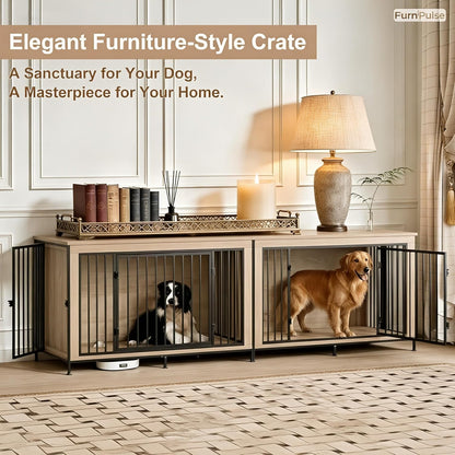 48" XL Dog Crate Furniture for Large Dogs, Farmhouse Light Oak Wood Dog Kennel, Heavy Duty Anti-Chew Steel Frame, Escape Proof Pet Crate, 3 Door Indoor Dog House, TV Stand Entertainment Center 350LB