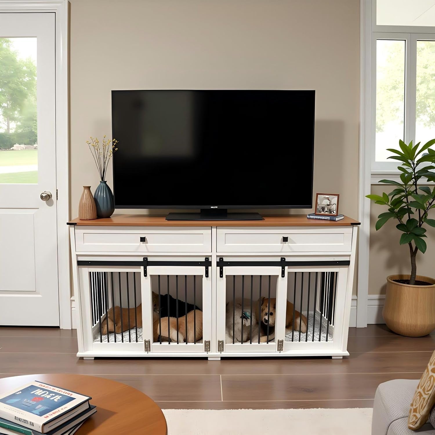 63'' Extra Large Double Dog Crate Furniture - White Wooden Kennel with 2 Drawers, Divider, Sliding Doors & Natural Wood Tabletop, TV Stand & End Table for Two Dogs