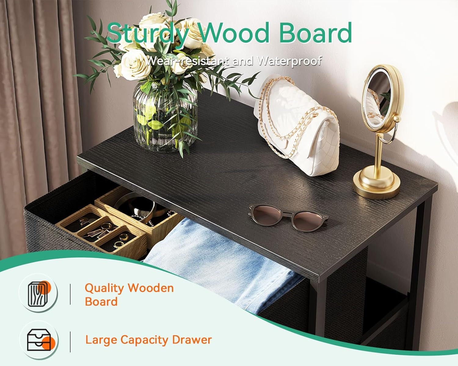 Dresser for Bedroom with 4 Storage Drawers, Small Dressers Chest of Drawers Fabric Dresser with Sturdy Steel Frame, Black