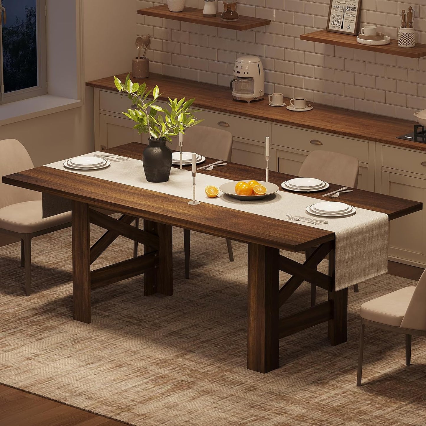 Dining Table for 6-8, 71" Long Large Wooden Farmhouse Kitchen Table with Thick Sturdy Frame, Rectangular Dining Room Dinner Table with Stable Triangular Legs for Kitchen,Office,Rustic Brown