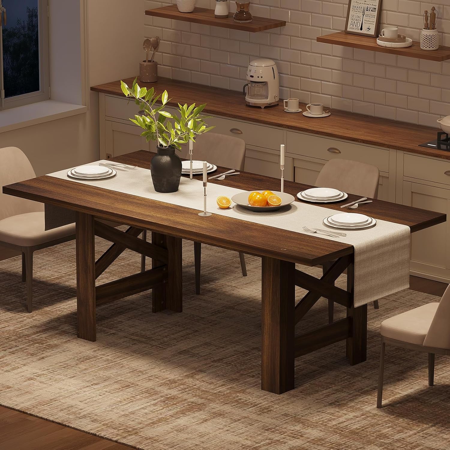 Dining Table for 6-8, 71" Long Large Wooden Farmhouse Kitchen Table with Thick Sturdy Frame, Rectangular Dining Room Dinner Table with Stable Triangular Legs for Kitchen,Office,Rustic Brown