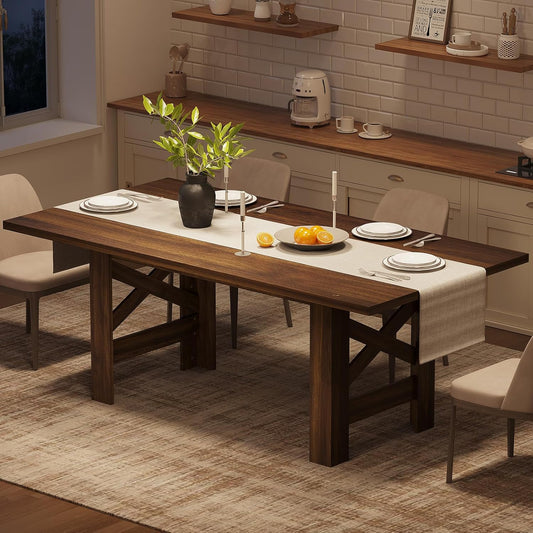 Dining Table for 6-8, 71" Long Large Wooden Farmhouse Kitchen Table with Thick Sturdy Frame, Rectangular Dining Room Dinner Table with Stable Triangular Legs for Kitchen,Office,Rustic Brown