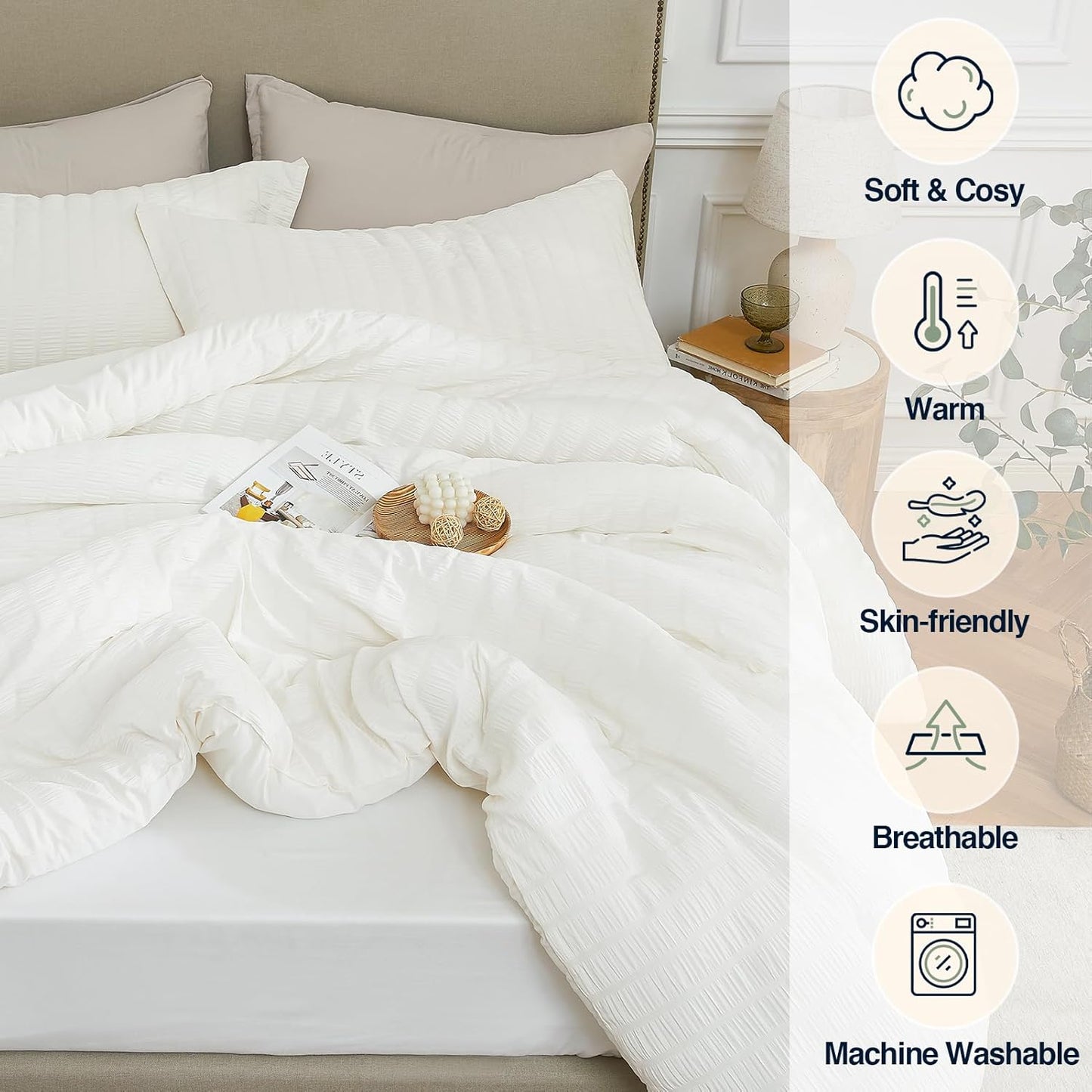 Beige Queen Comforter Set - 3 Pieces Seersucker Lightweight Bedding Comforter Sets (1 Soft Fluffy Comforter & 2 Pillowcases) - All Seasons Cozy Farmhouse Bed Sets for Women Men