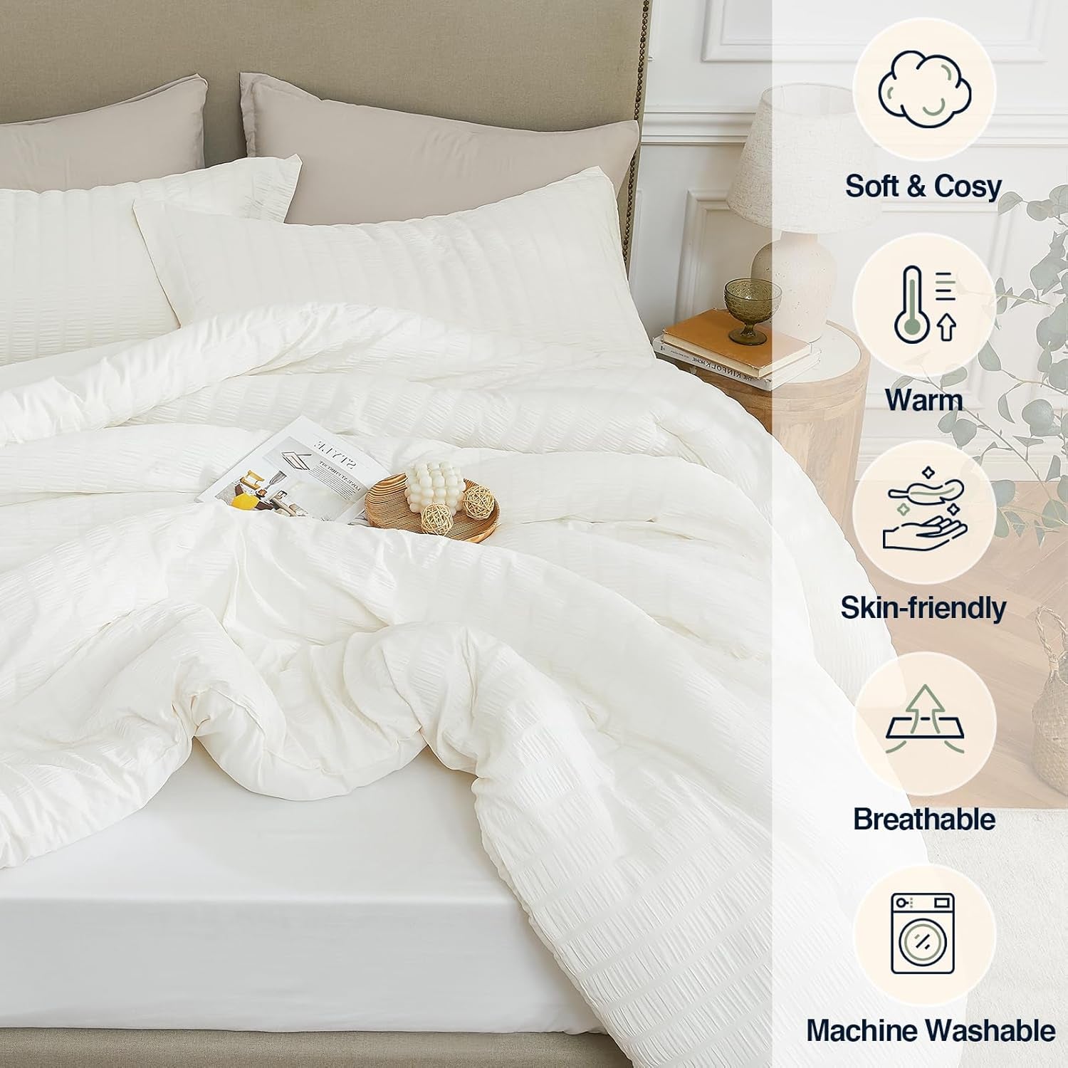 Beige Queen Comforter Set - 3 Pieces Seersucker Lightweight Bedding Comforter Sets (1 Soft Fluffy Comforter & 2 Pillowcases) - All Seasons Cozy Farmhouse Bed Sets for Women Men