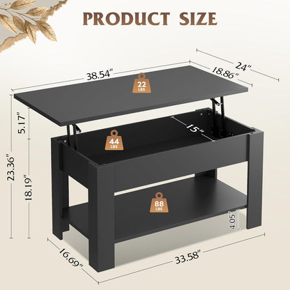 Coffee Table, 39" Lift Top Coffee Table with Hidden Compartment, Storage Shelf and Lifting Top for Home Living Room, Office and Reception Room, Black
