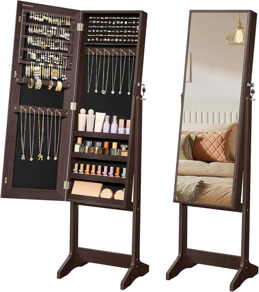 Mirror Jewelry Cabinet Armoire, Standing Full-Length Mirror, Lockable Jewelry Organizer, Gift Idea, Brown Surface and Black Lining UJJC69BR