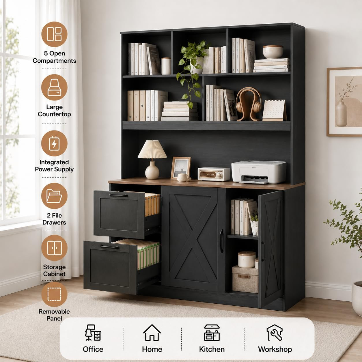 72'' Tall Bookshelf with Power Outlet, 2 Drawer File Cabinet for A4 Hanging Files, 3-Tier Open Shelves & Closed Storage Cabinets, Multifunctional Printer Stand - Black
