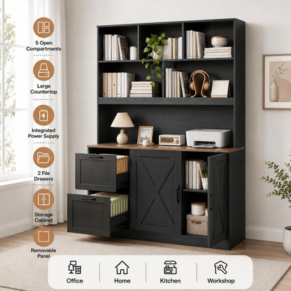 72'' Tall Bookshelf with Power Outlet, 2 Drawer File Cabinet for A4 Hanging Files, 3-Tier Open Shelves & Closed Storage Cabinets, Multifunctional Printer Stand - Black