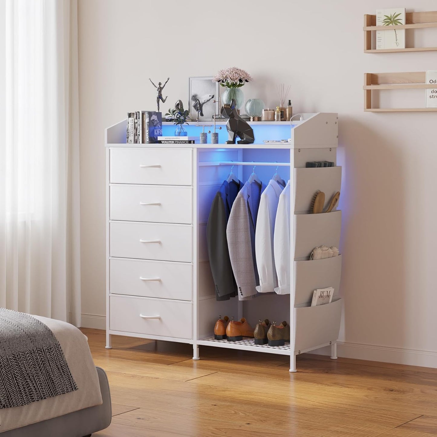 Modern 5 Dresser with LED Hanging Rack, Dresser with Clothes Rack, Hanger Rack, and Storage Drawers, Drawer Dressers with Coat Racks for Bedroom Living Room, Entryway, Closets (White)