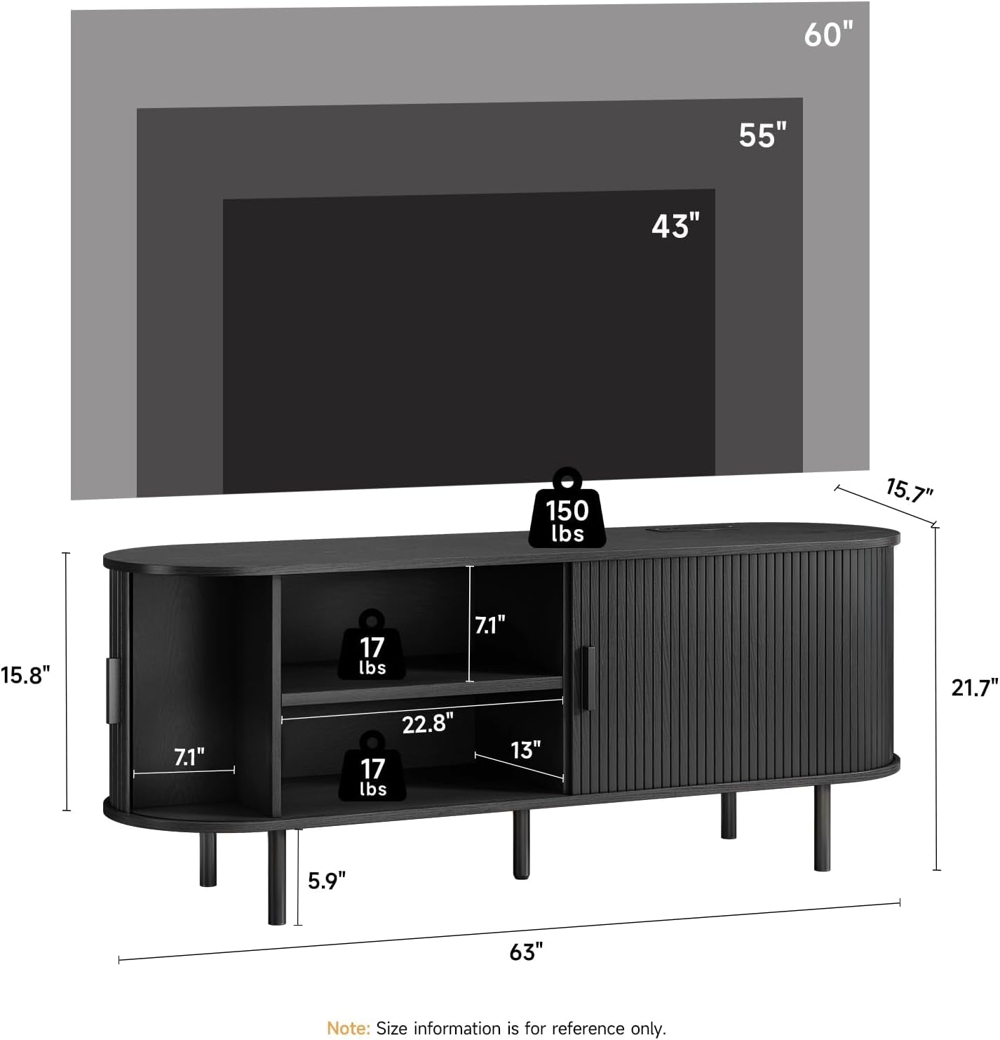 63" TV Stand with Power Outlet, Modern Media Console with Sliding Doors, Entertainment Center for Tvs up to 60 Inch, Adjustable Shelves, Black