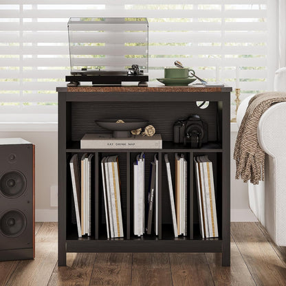 Large Record Player Stand with Charging Station & LED Light, Vinyl Record Holder Hold up to 300 Albums, Farmhouse End Table for Bedroom, Living Room, Black