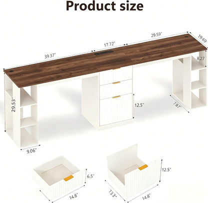 96.5" 2 Person Desk with Power Outlet & USB Ports, Double Computer Desk with Drawers & Storage Shelves, Modern Fluted Home Office Desk, White