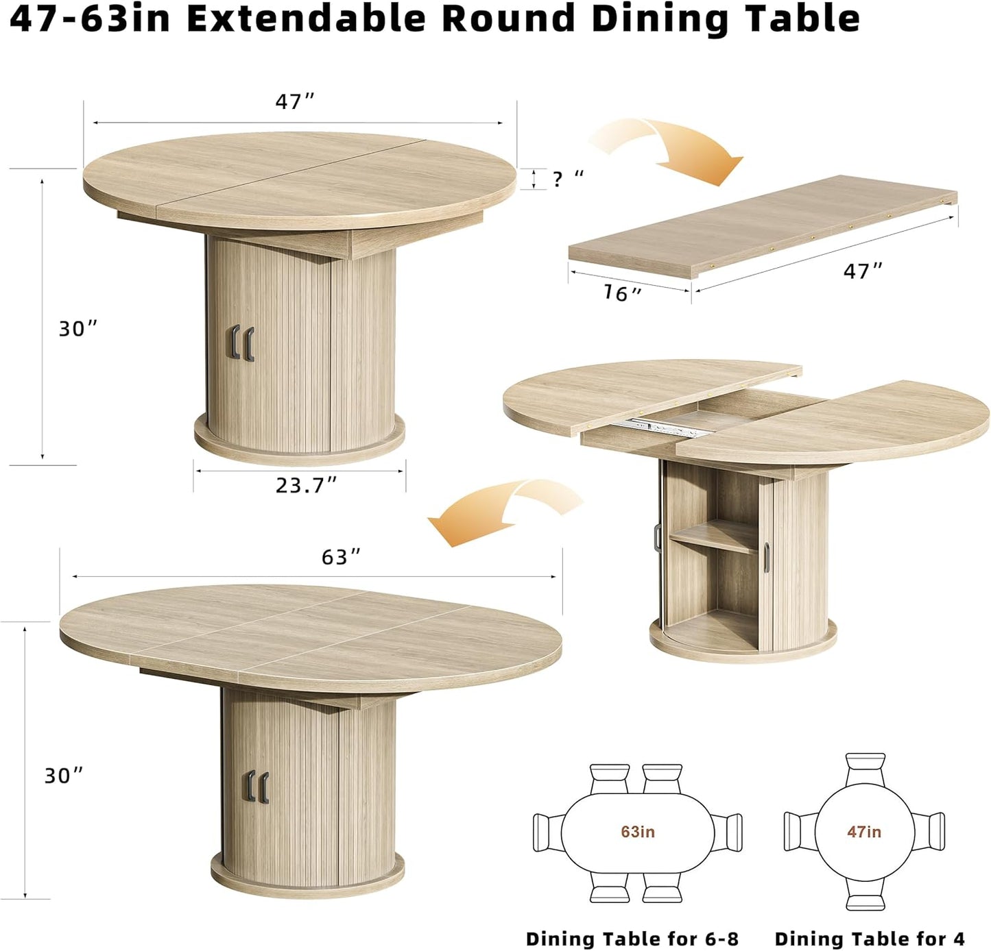 47-63In Extendable round Dining Table for 4-8 Modern round Kitchen Table Circle Dining Table with 2-Tier Storage Shelf, Space Saving Expandable Wood Oval for Living Room Walnut Oak