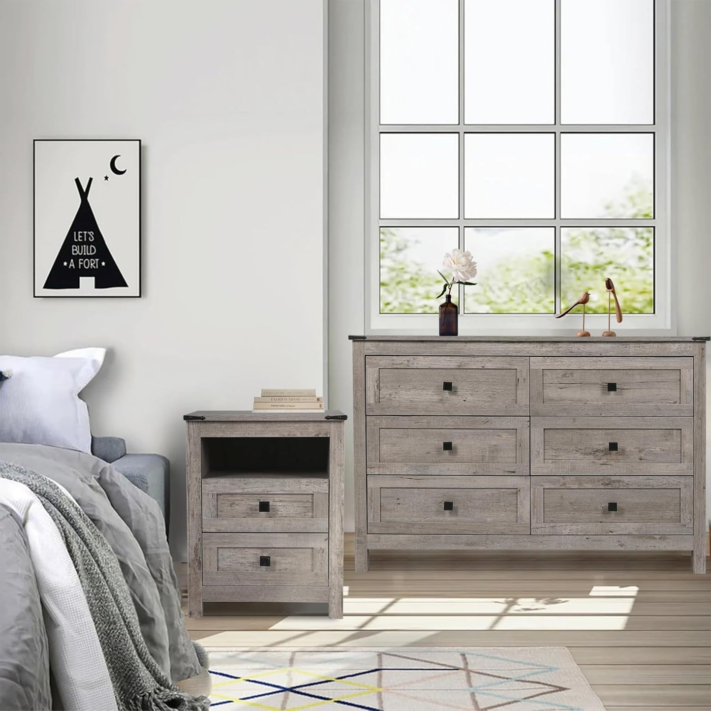 Farmhouse Bedroom Furniture Set, Rustic Wood Double Dresser Chest of Drawers. 6-Drawer Chest of Drawers Wide Storage Organizer Cabinet for Bedroom, Living Room, 1Pc Dresser+1Pc Nightstand