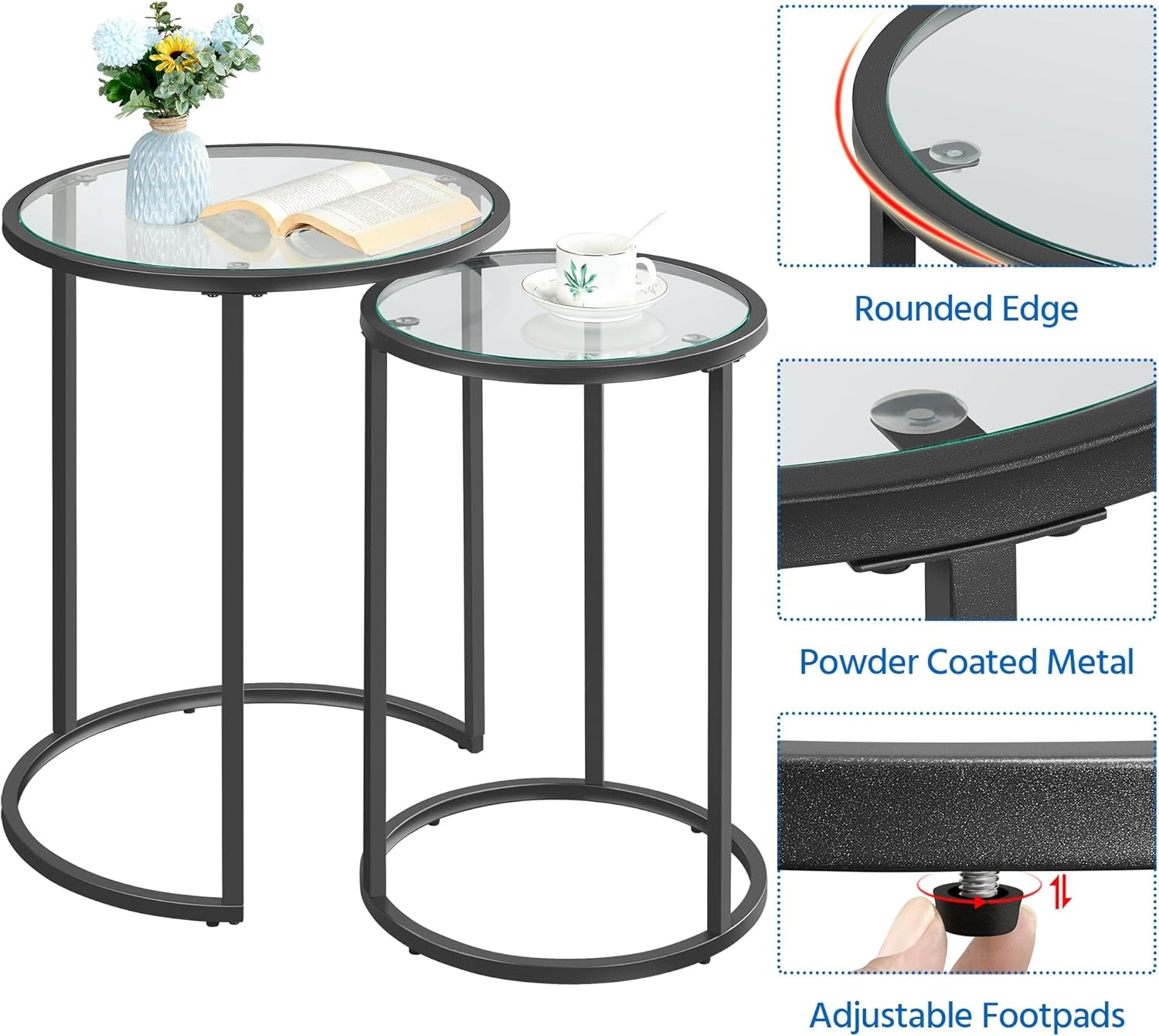 round Nesting End Table Set of 2,Stacking Side Tables,Coffee Tables Set W/Metal Frame & Glass Top & Protective Foot Pads for Small Space, Living Room, Office- Black