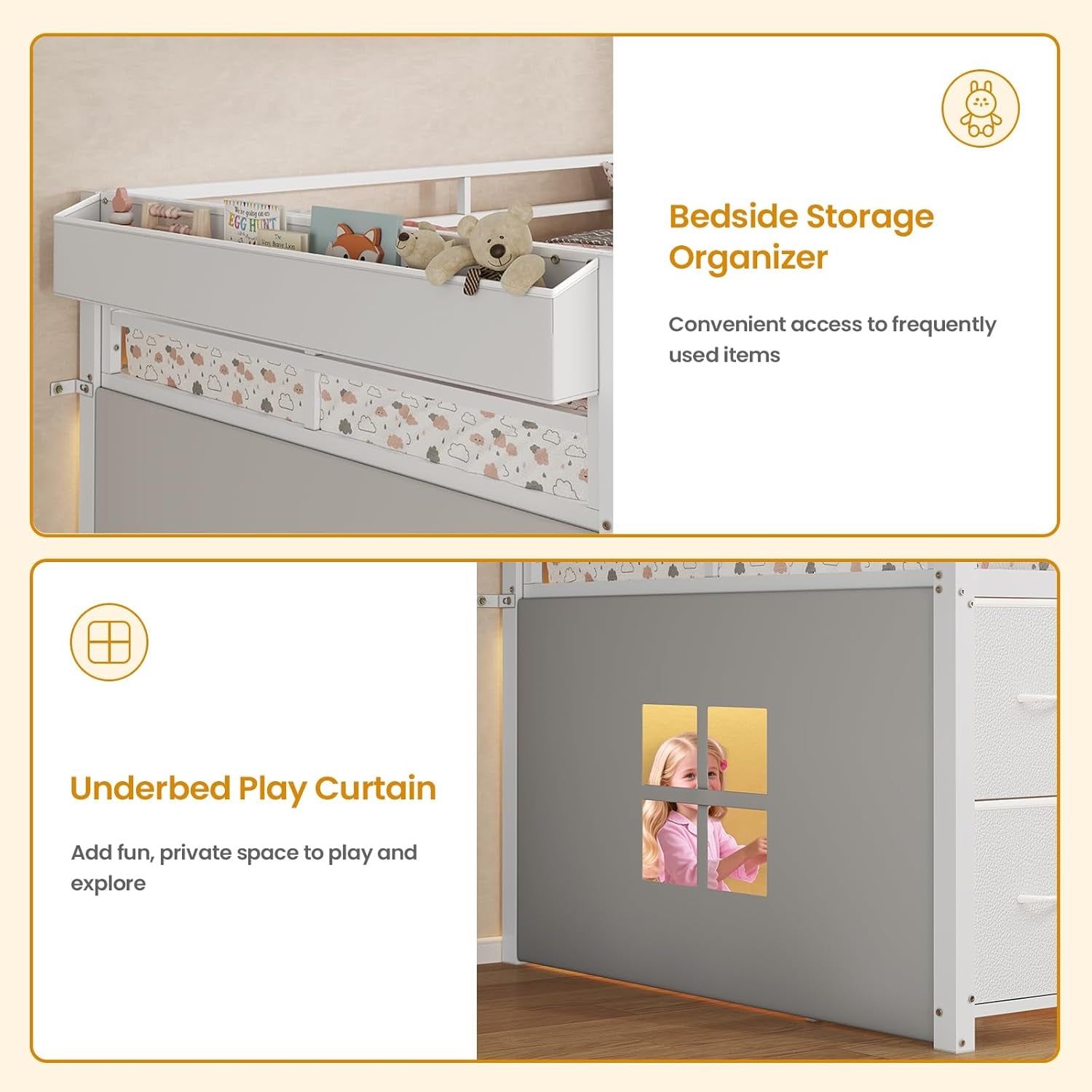 Low Loft Bed Twin Size with 7 Storage Drawers, Bookcase and LED Lights, Metal Kids Loft Bed with 14" H Safety Guardrail,Inclined Ladder and Play Curtain, Under-Bed Play Space, White