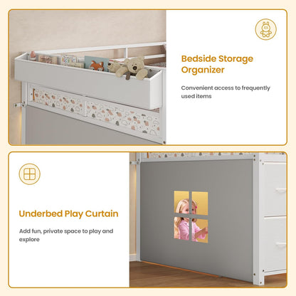 Low Loft Bed Twin Size with 7 Storage Drawers, Bookcase and LED Lights, Metal Kids Loft Bed with 14" H Safety Guardrail,Inclined Ladder and Play Curtain, Under-Bed Play Space, White