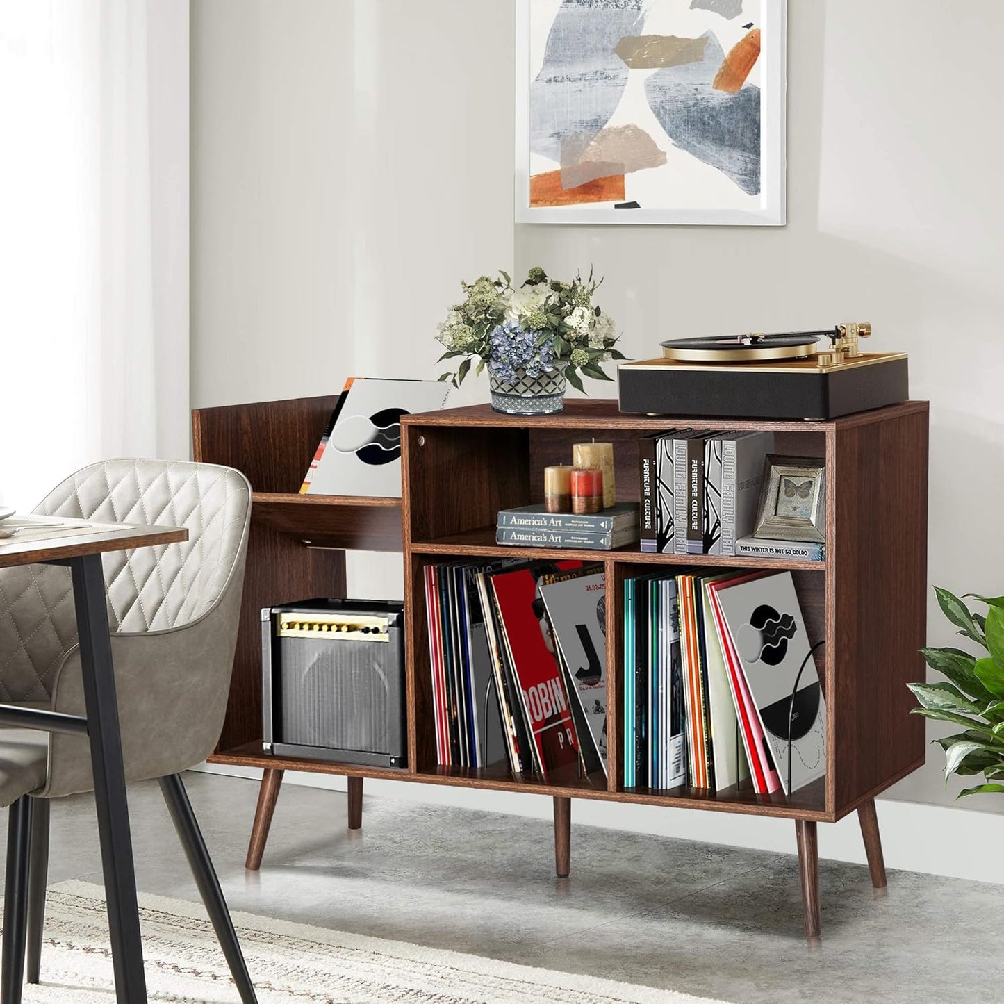 Record Player Stand, Mid-Century Modern Vinyl Record Storage Cabinet Table with Wood Legs, Turntable Stand Record Holder Holds up to 300 Albums for Living Room, Bedroom