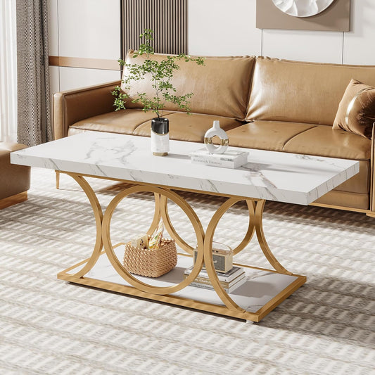 Rectangle Coffee Table, 46.45-Inch Modern Coffee Tables for Living Room, 2-Tier Faux Marble Wood Coffee Table with Geometric Legs, Furniture with Storage Shelf (White & Gold)