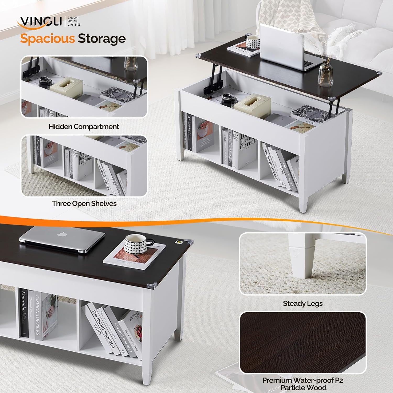 Farmhouse Lift Top Coffee Table, Rustic Grey with Storage Shelf/Hidden Compartment, Mesa De Centro Para Sala, Rustic Brown (White Brown, 40" L)