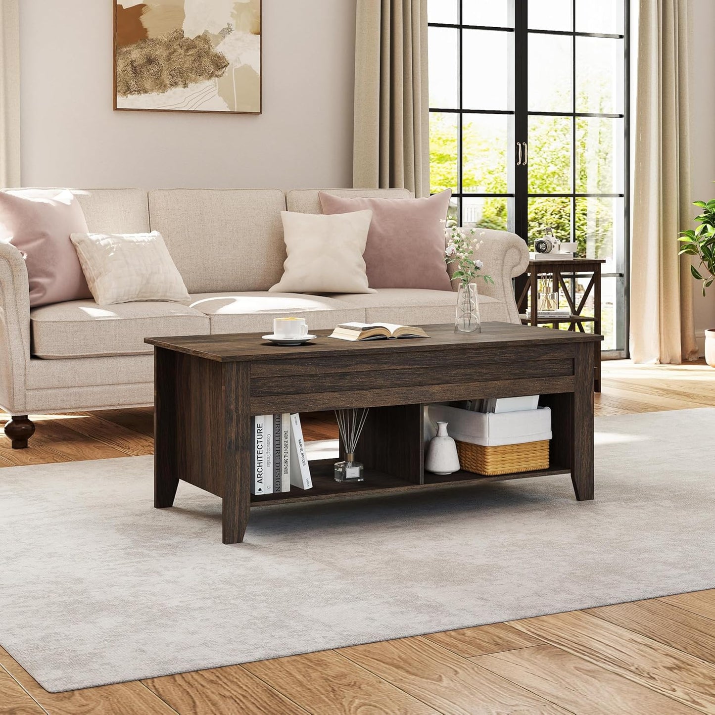 Lift Top Coffee Table with Hidden Storage Compartment & Seperated Lower Shelf, Lift up Coffee Table, Rising Tabletop Dining Table for Living Room, 39.5 in L, Espresso