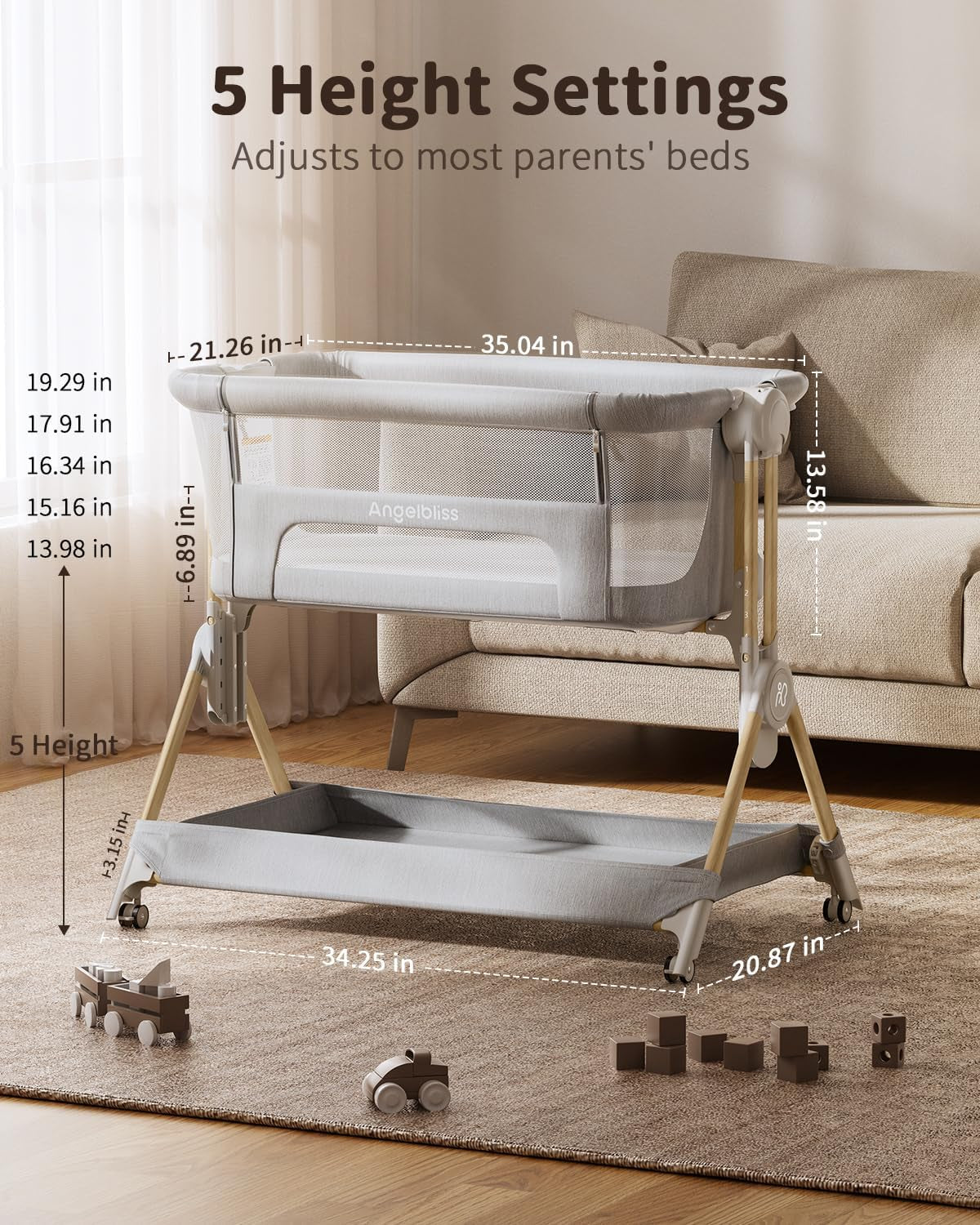 Baby Bassinet, 3-In-1 Bedside Bassinet for Baby, One-Touch Foldable Baby Crib for Newborn with Full-Mesh Sides & Adjustable Height, Mattress & Storage Bag