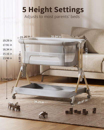 Baby Bassinet, 3-In-1 Bedside Bassinet for Baby, One-Touch Foldable Baby Crib for Newborn with Full-Mesh Sides & Adjustable Height, Mattress & Storage Bag