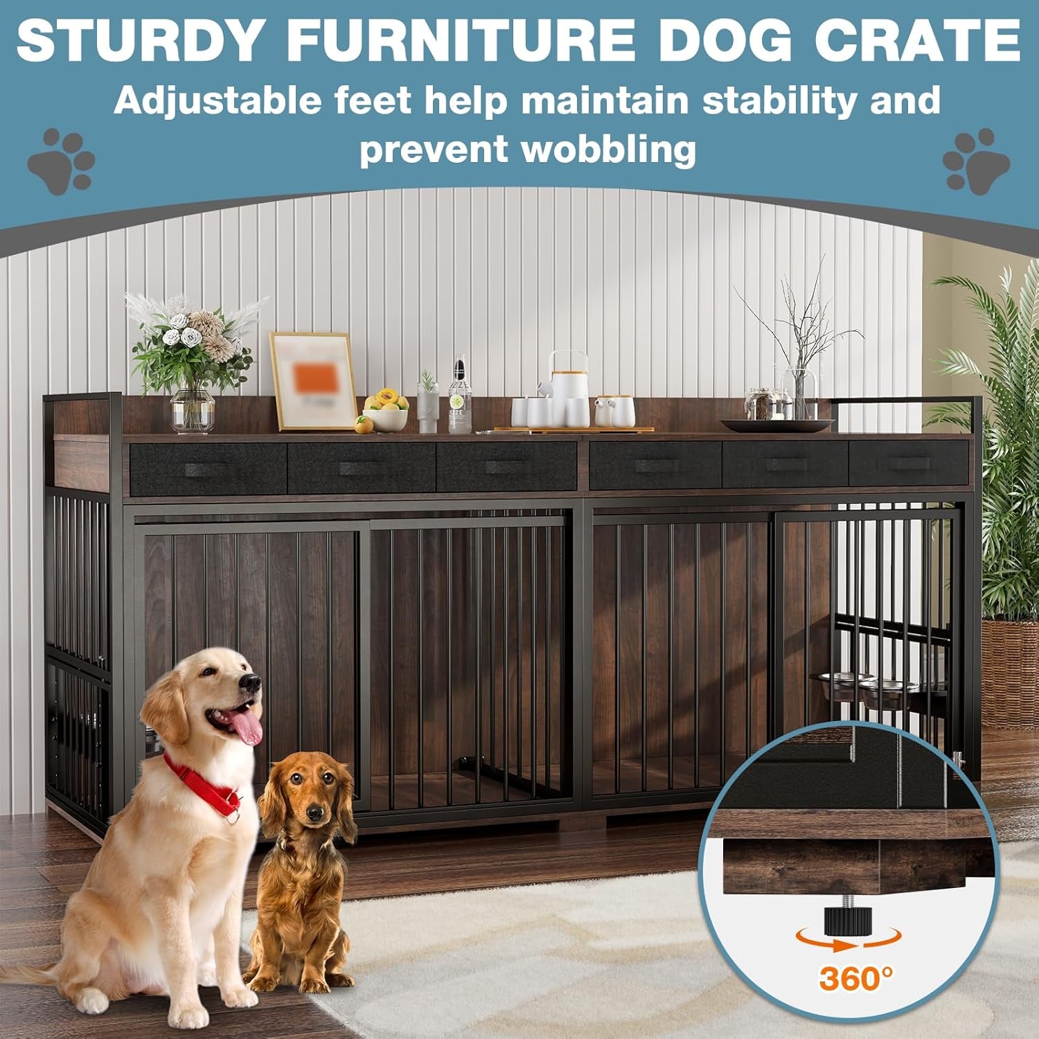 86.6" Large Double Dog Crate Furniture,Heavy Duty Metal Frame Dog Crate Kennel Sliding Doors,Chew-Resistant Dog Kennel for 2 Dogs with Bowls&Divider&Drawers Indoor