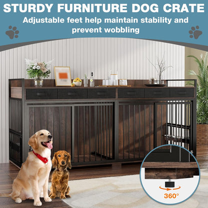 86.6" Large Double Dog Crate Furniture,Heavy Duty Metal Frame Dog Crate Kennel Sliding Doors,Chew-Resistant Dog Kennel for 2 Dogs with Bowls&Divider&Drawers Indoor