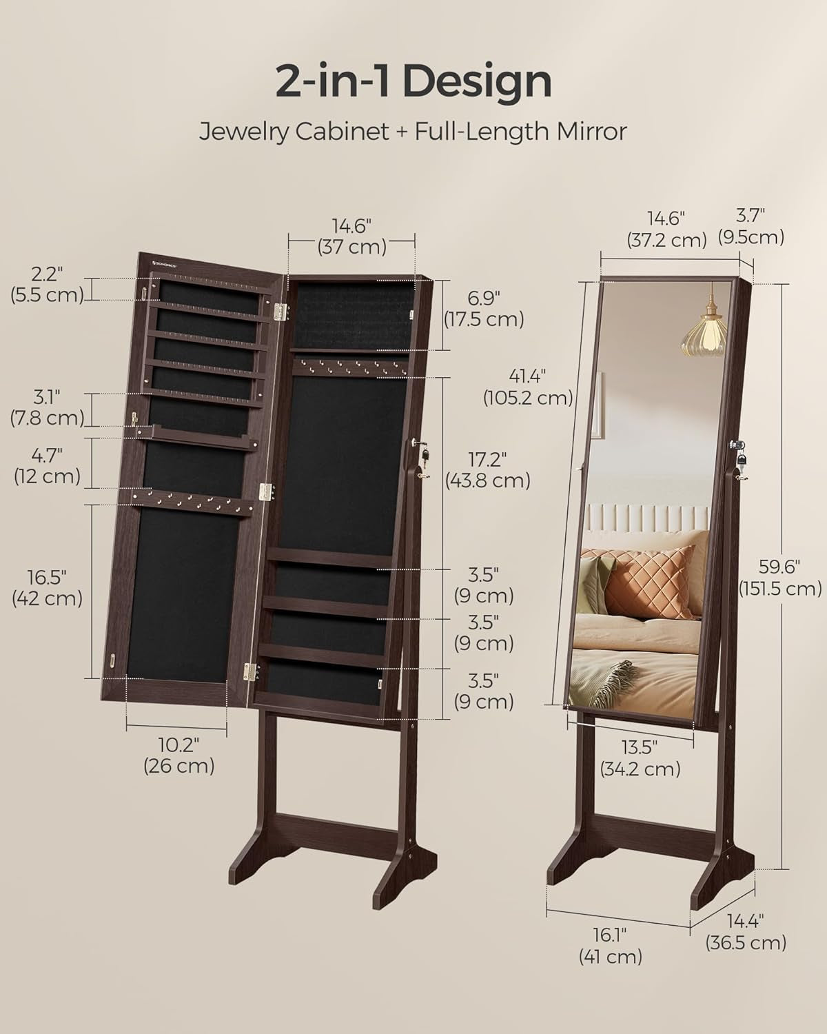 Mirror Jewelry Cabinet Armoire, Standing Full-Length Mirror, Lockable Jewelry Organizer, Gift Idea, Brown Surface and Black Lining UJJC69BR