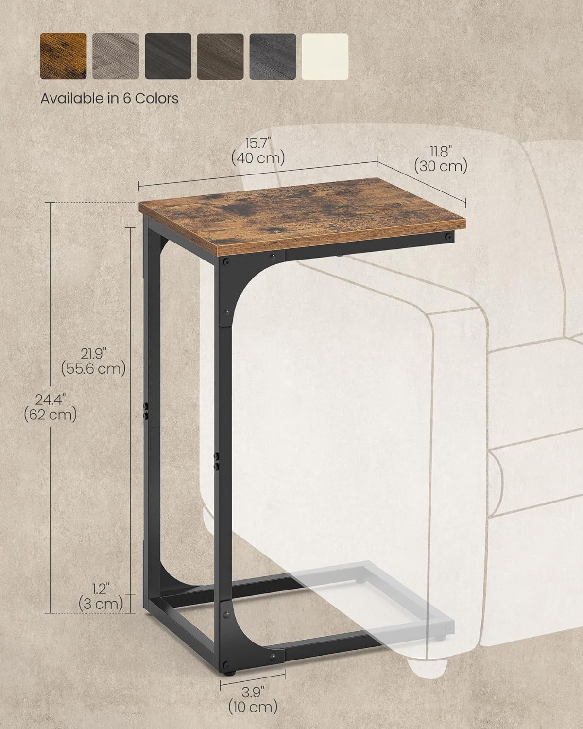 C-Shaped End Table, Small Side Table for Couch, Sofa Table with Metal Frame for Living Room, Bedroom, Bedside, Rustic Brown and Black