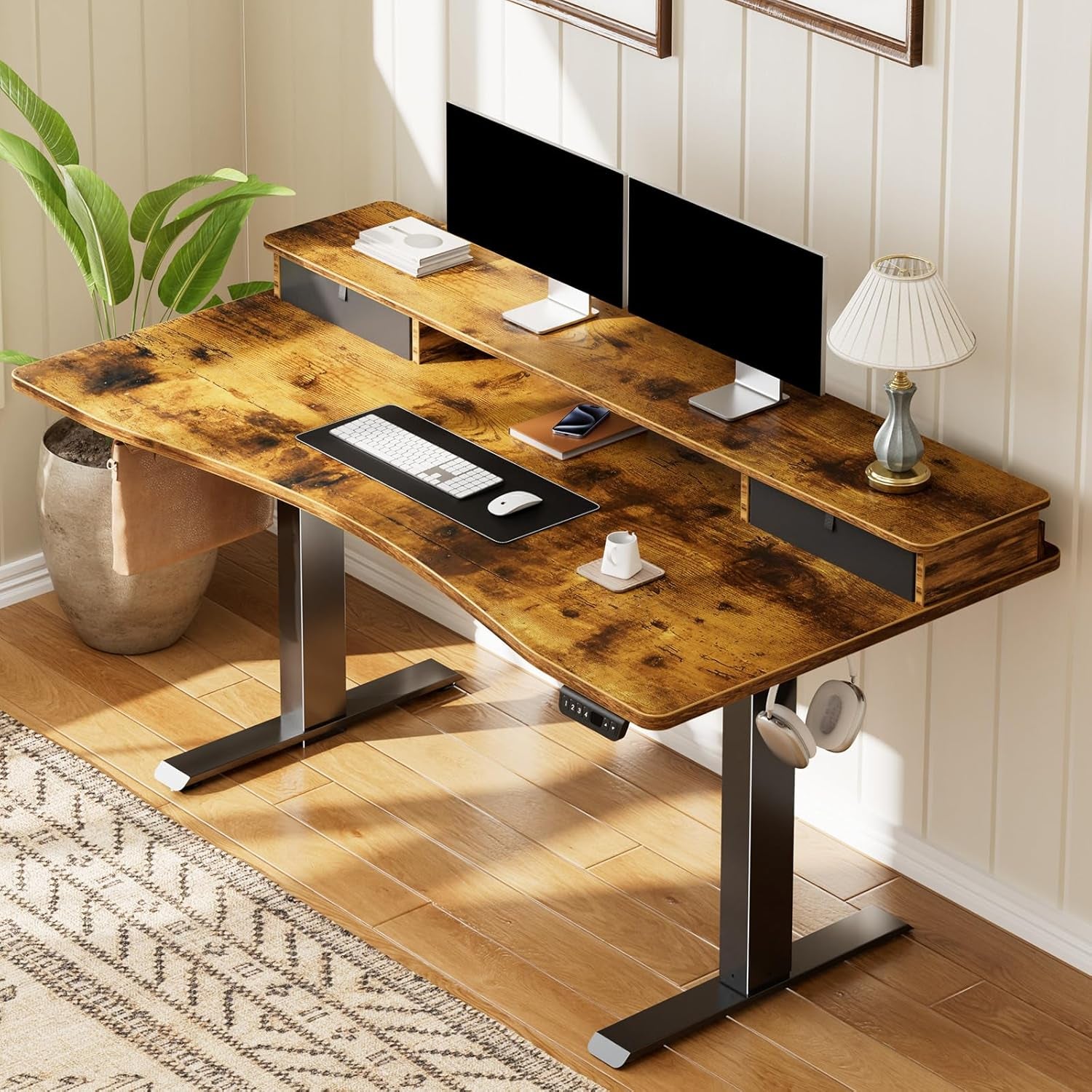 47.2"×27.6" Standing Desk with Storage Drawers, Adjustable Height Computer Table with Monitor Shelf, Home Office Desk for Study, Gaming, Workstation, Brown