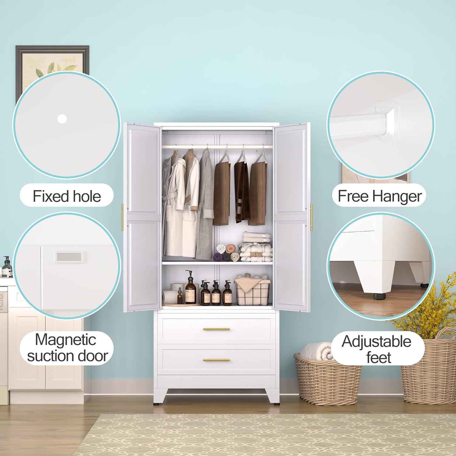 Metal Armoire Wardrobe Closet, 71 "Metal Clothing Storage Cabinet with Adjustable Shelves and Hanging Rod, Household Steel Wardrobe Storage Cabinet with Drawers (Armoire-White)