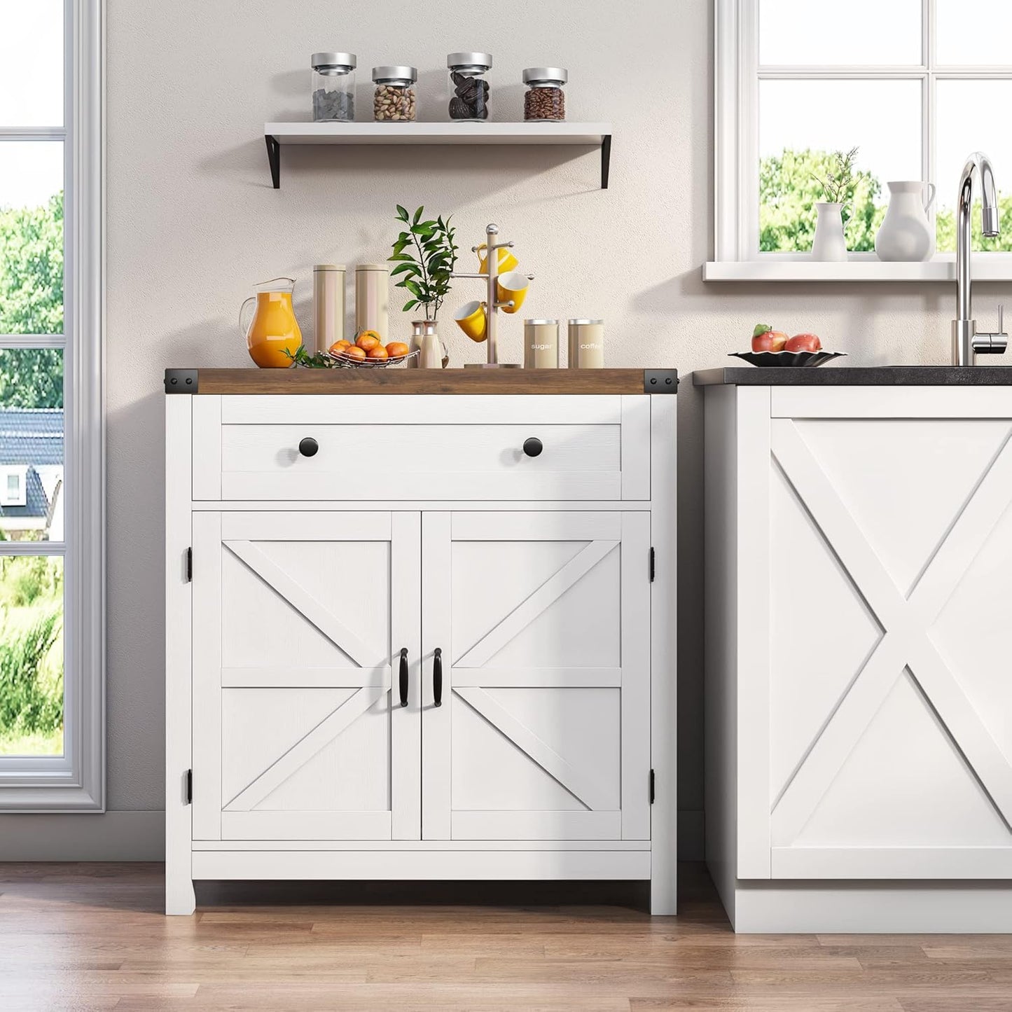 Coffee Bar Cabinet, Kitchen Storage Cabinet, Modern Farmhouse Buffet Sideboard with Drawer and Adjustable Shelf, Barn Door Accent Cabinets for Kitchen, Dining Room, Entryway, White