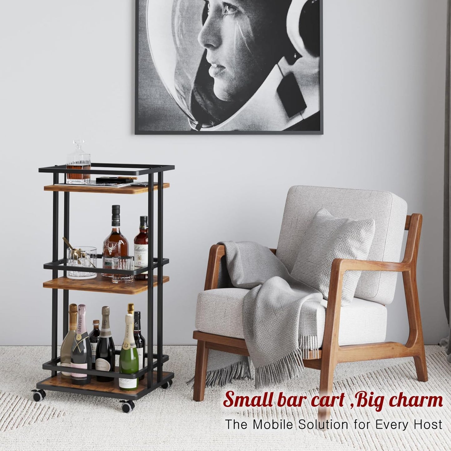 Bar Carts for the Home with Wheels, 3 Tier Beverage Bar Cart with Storage Shelves, Coffee Bar Cabinet for Your Home Entertainment