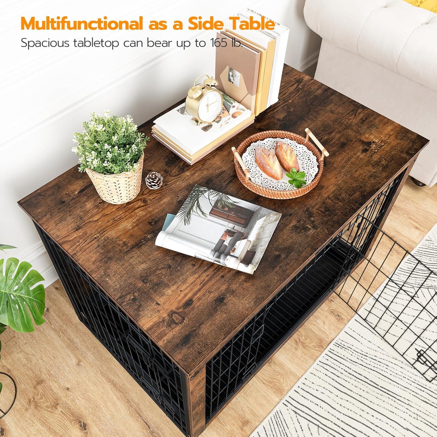 Dog Crate Furniture, 38.6" Large Dog Kennel Indoor, Wooden Cage with Pull-Out Tray, Double Doors Pet House Side End Table for Large/Medium/Small Dogs, Greige BG982GW03