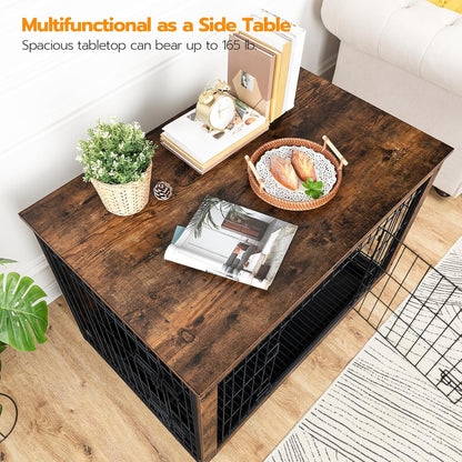 Dog Crate Furniture, 38.6" Large Dog Kennel Indoor, Wooden Cage with Pull-Out Tray, Double Doors Pet House Side End Table for Large/Medium/Small Dogs, Greige BG982GW03