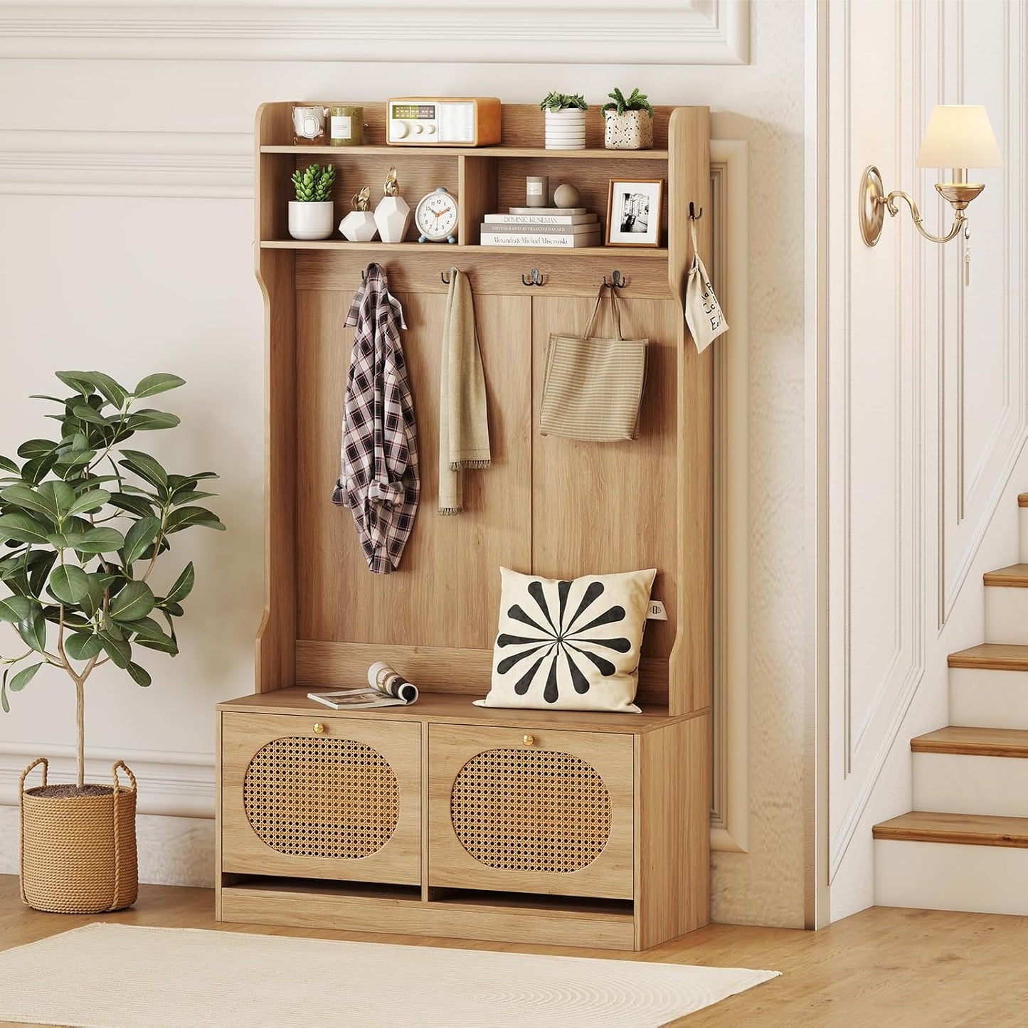 4-In-1 Hall Tree, Entryway Bench with Coat Rack & Flip Drawers, Farmhouse Storage Organizer with 6 Dual-Hook Hangers & PE Rattan Doors, Ideal for Entryway Living Room Mudroom (Natural)